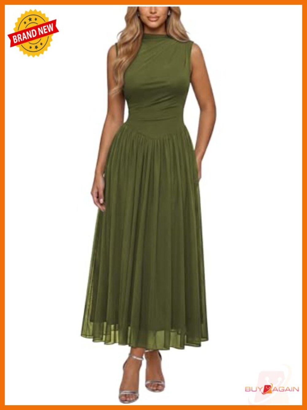 Women Mesh Sleeveless Mock Neck Ruched Waist A-Line Long Dress